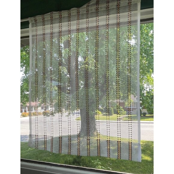 Vintage 70s mesh curtain, white, brown, orange striped net woven, single panel - Picture 1 of 10